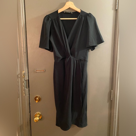 Zara Midi Knot Front Side Zip Wrap Bell Sleeve Dress in Deep Green - Picture 1 of 4